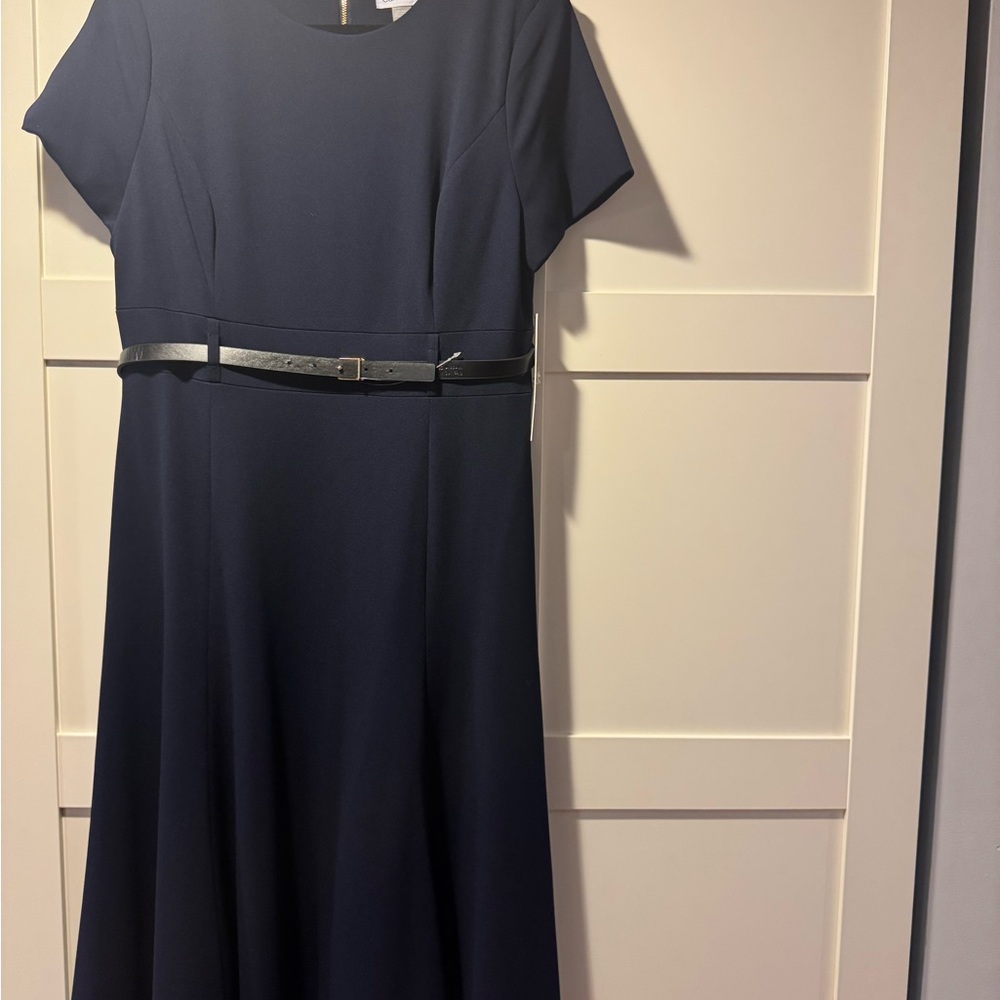 Calvin Klein Elegant Navy Blue Dress with gold zipper and Belt